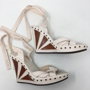 FENDI white leather studded wrap wedges